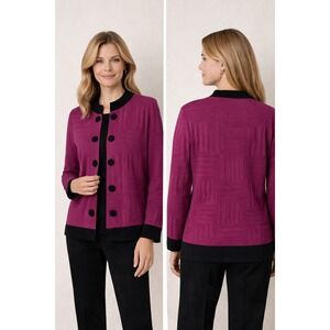 Ming Wang Knit Jacket Women Size M Magenta Black Textured Button Detail Hook Eye